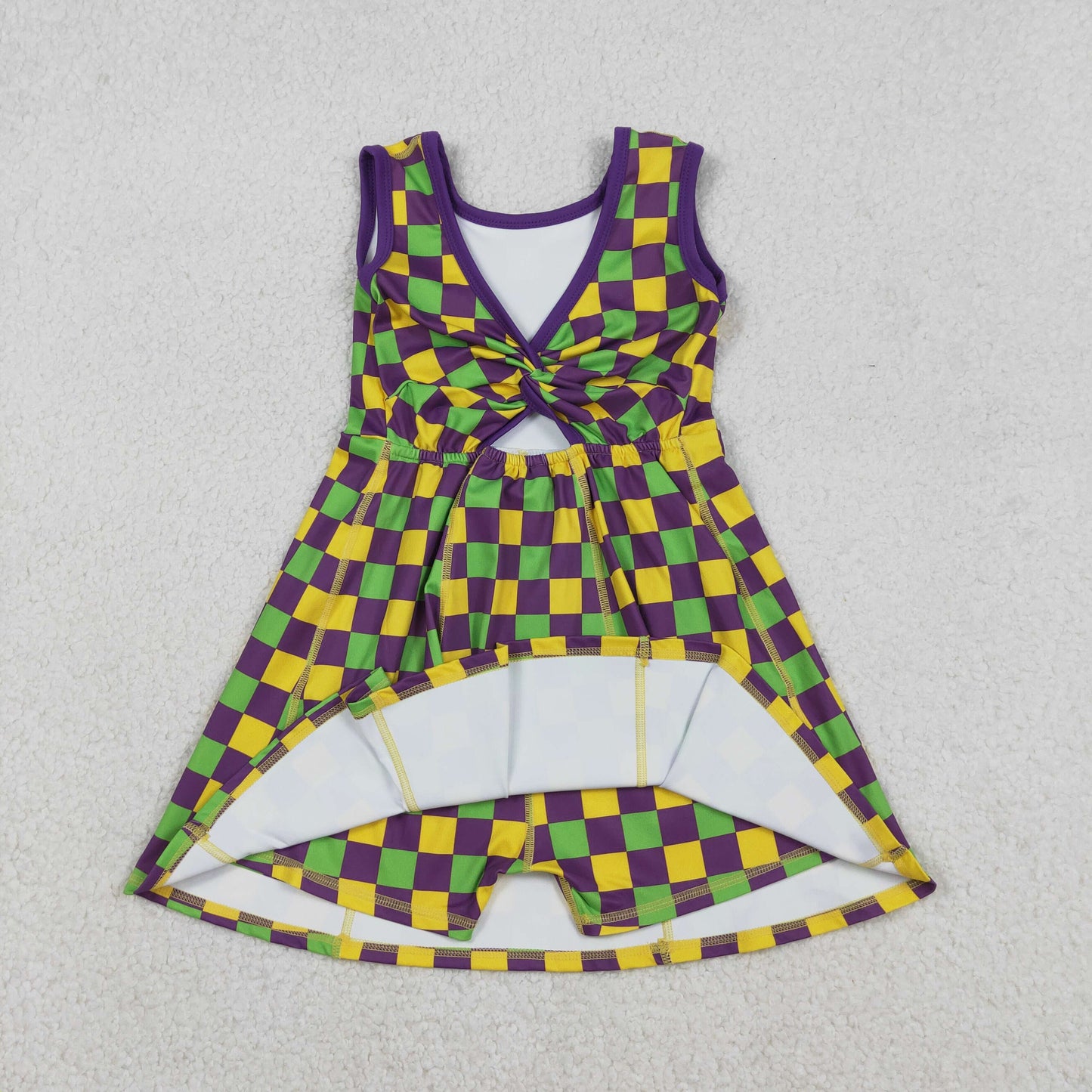 GSD2946 Baby Girls Mardigras Checked Yoga Active Shorts Knee Length Dresses