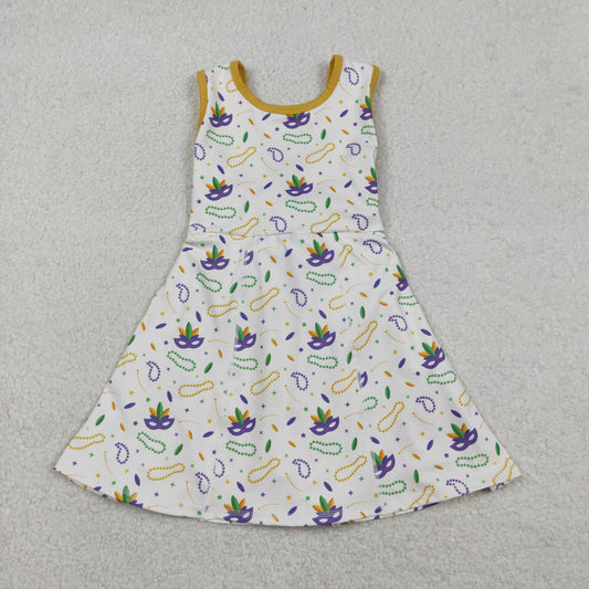 GSD2951 Baby Girls Mask Necklaces Stripe Mardigras Yoga Active Shorts Knee Length Dress