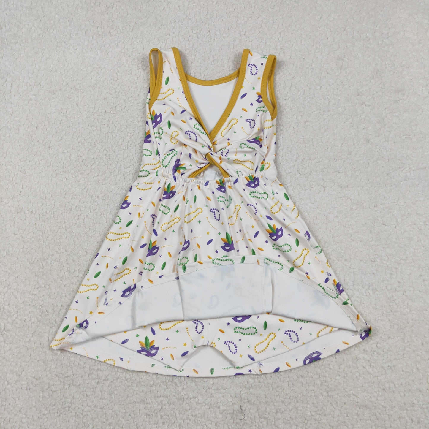 GSD2951 Baby Girls Mask Necklaces Stripe Mardigras Yoga Active Shorts Knee Length Dress