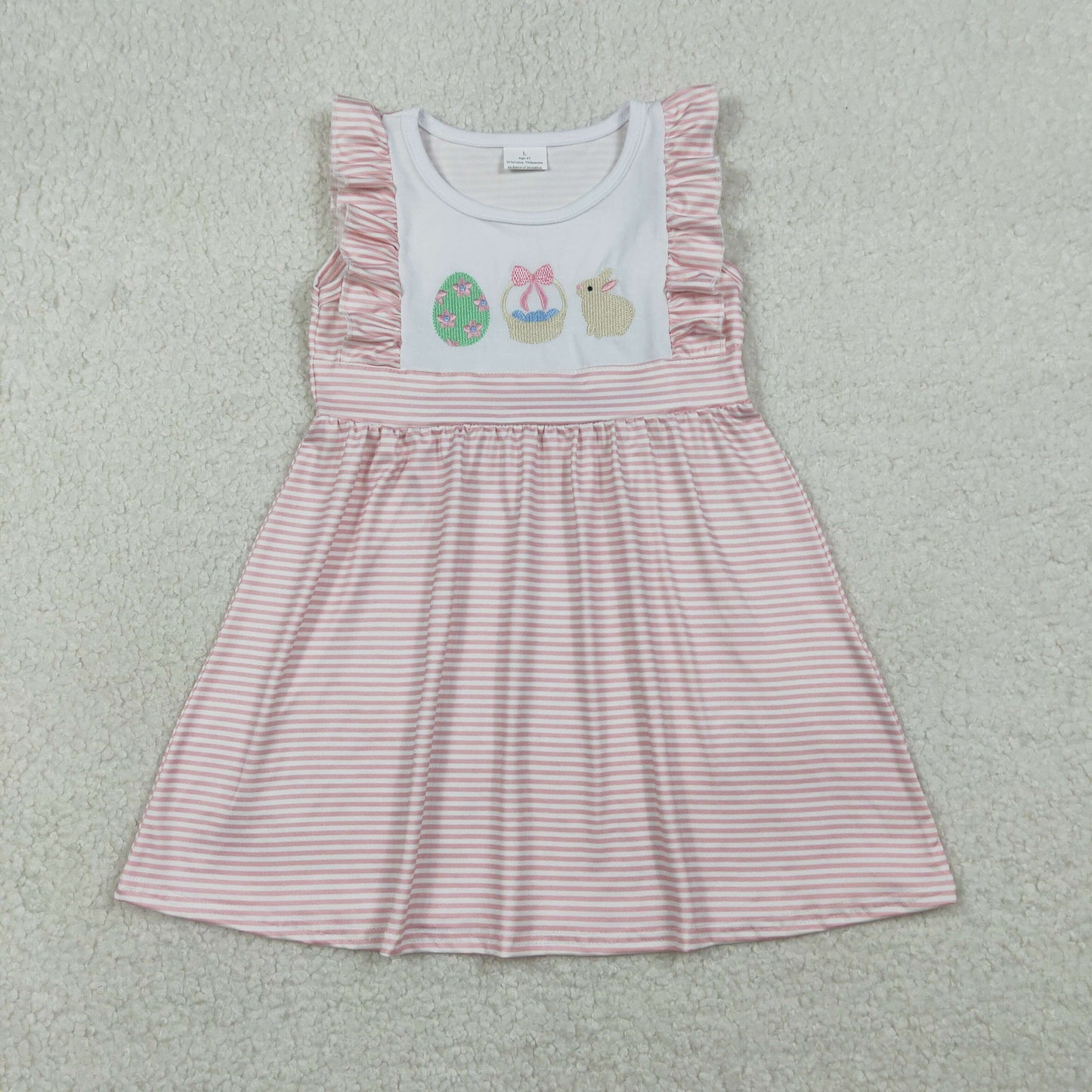 GSD2957 Baby Girls Pink Stripe Embroidery Rabbits Eggs Easter Knee Length Dresses