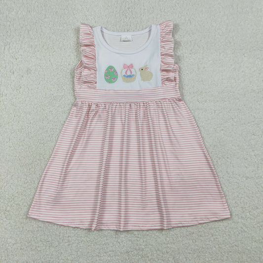 GSD2957 Baby Girls Pink Stripe Embroidery Rabbits Eggs Easter Knee Length Dresses
