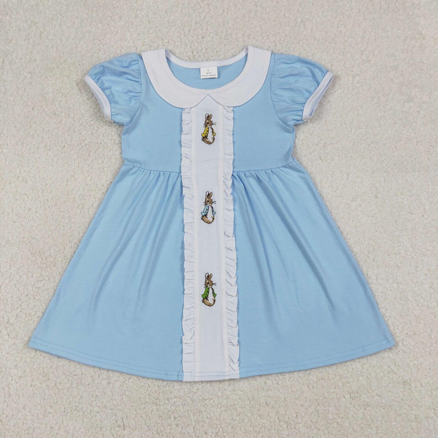 GSD2961 Baby Girls Short Ruffle Sleeve Embroidery Rabbits Easter Knee Length Dresses