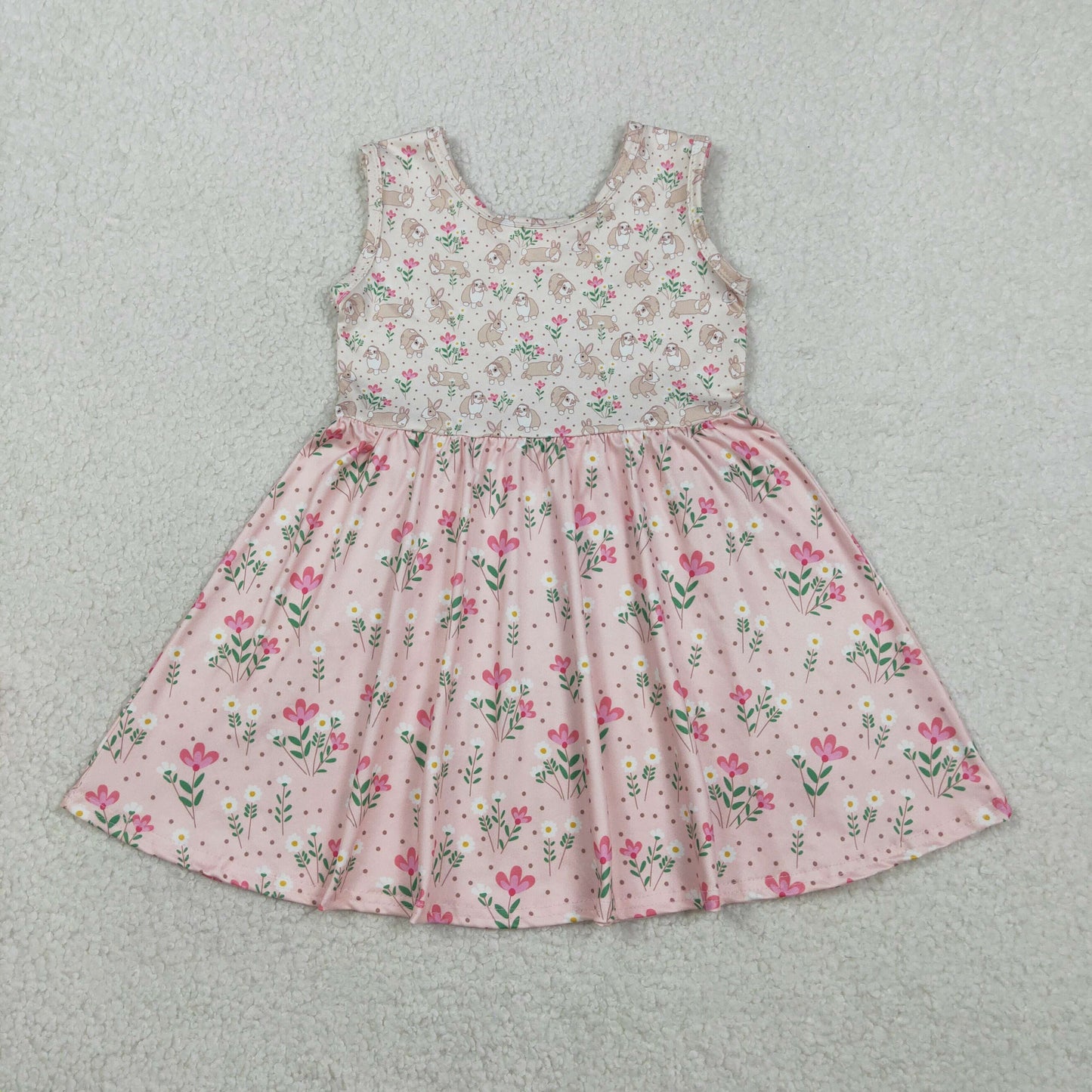 GSD2984 Baby Girls Sleeveless Rabbit Flowers Easter Patchwork Knee Length Dresses