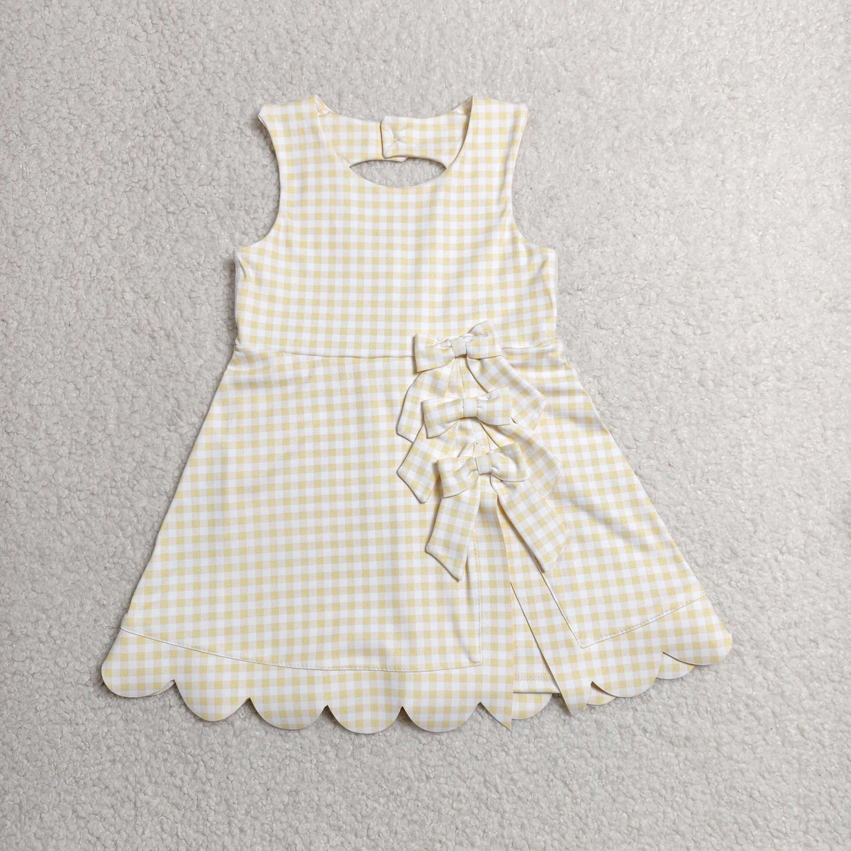 GSD3027 Baby Girls Yellow Checked Sleeveless Yoga Active Short Bows Scallop Knee length Dress