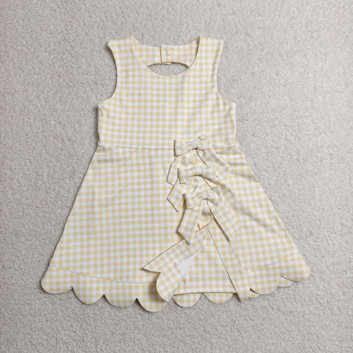 GSD3027 Baby Girls Yellow Checked Sleeveless Yoga Active Short Bows Scallop Knee length Dress