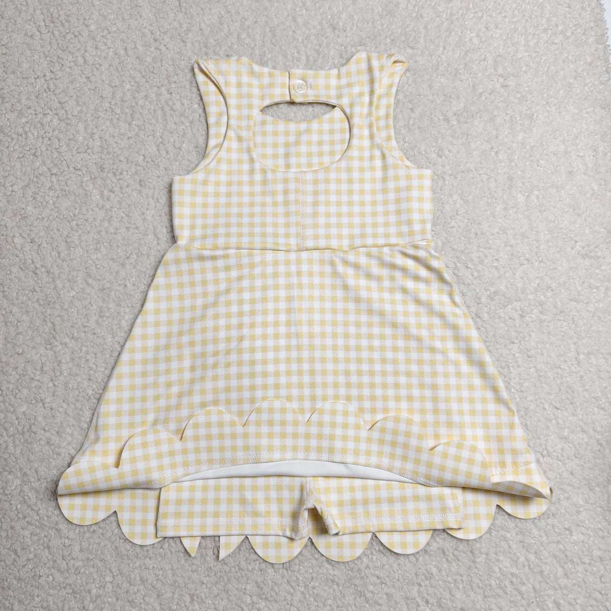GSD3027 Baby Girls Yellow Checked Sleeveless Yoga Active Short Bows Scallop Knee length Dress