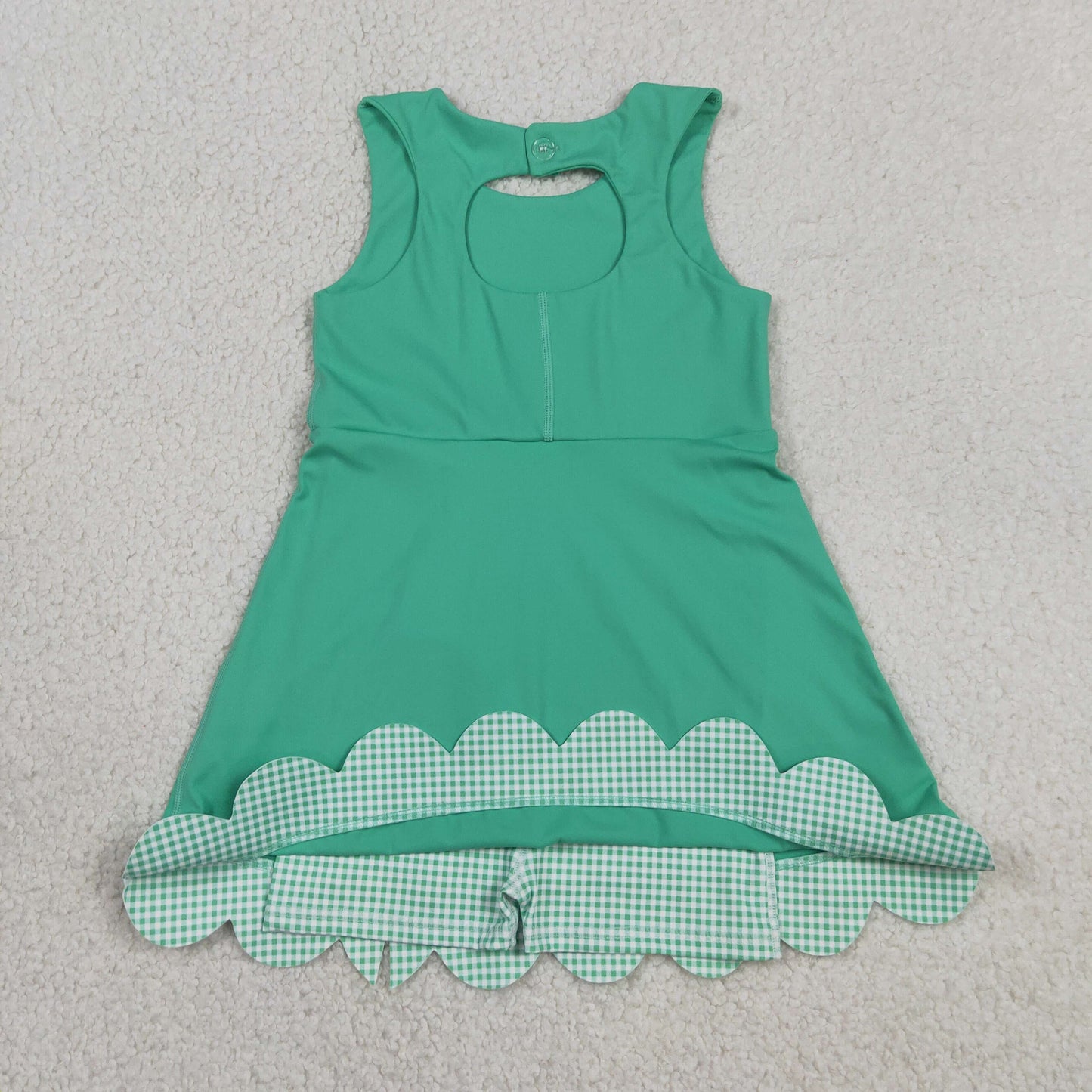 Sibling Baby Girls Green Checked Scallop Yoga Active Skirt Short Dress Clothes Sets