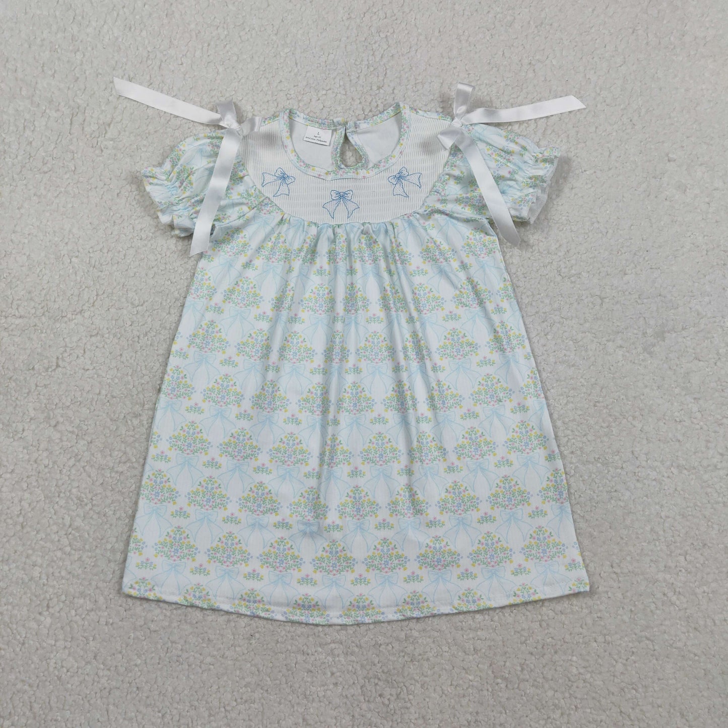 GSD3046 Smocked Bows Baby Girls Green Flowers Checked Knee Length Dresses