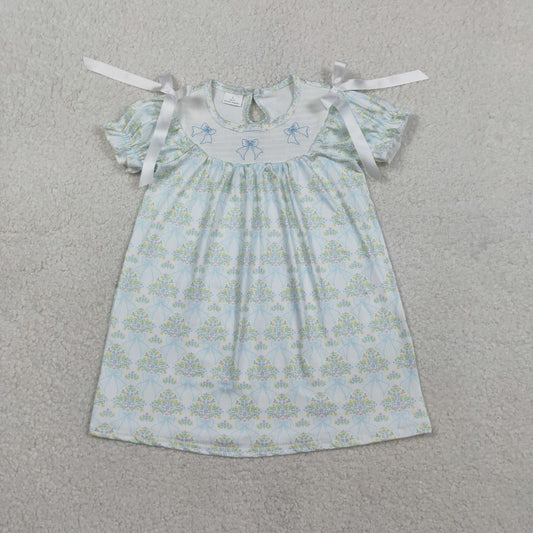 GSD3046 Smocked Bows Baby Girls Green Flowers Checked Knee Length Dresses
