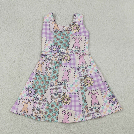 GSD3051 Baby Girls Rabbits Flowers Easter Yoga Active Ruffle Shorts Knee Length Dresses