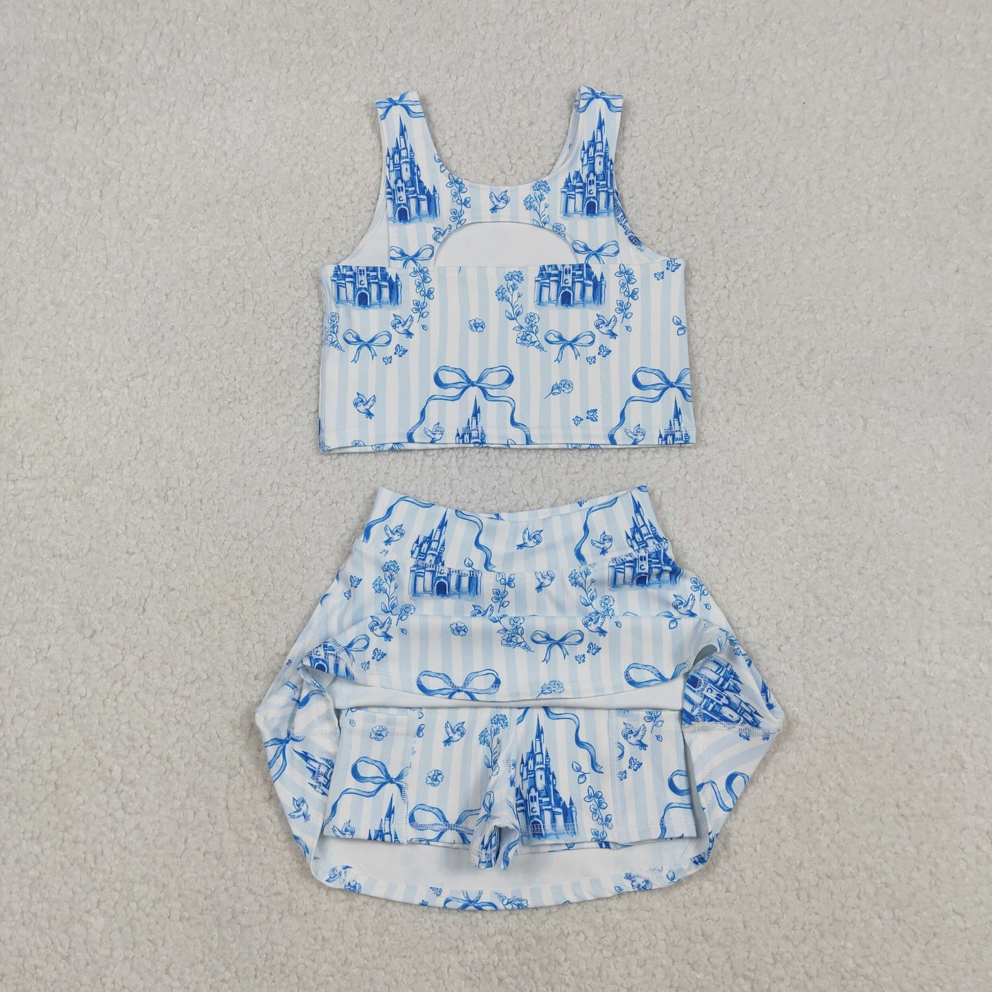 GSD3067 Baby Girls Blue Bows Castles Vests Skirt Shorts Yoga Active Clothes Sets