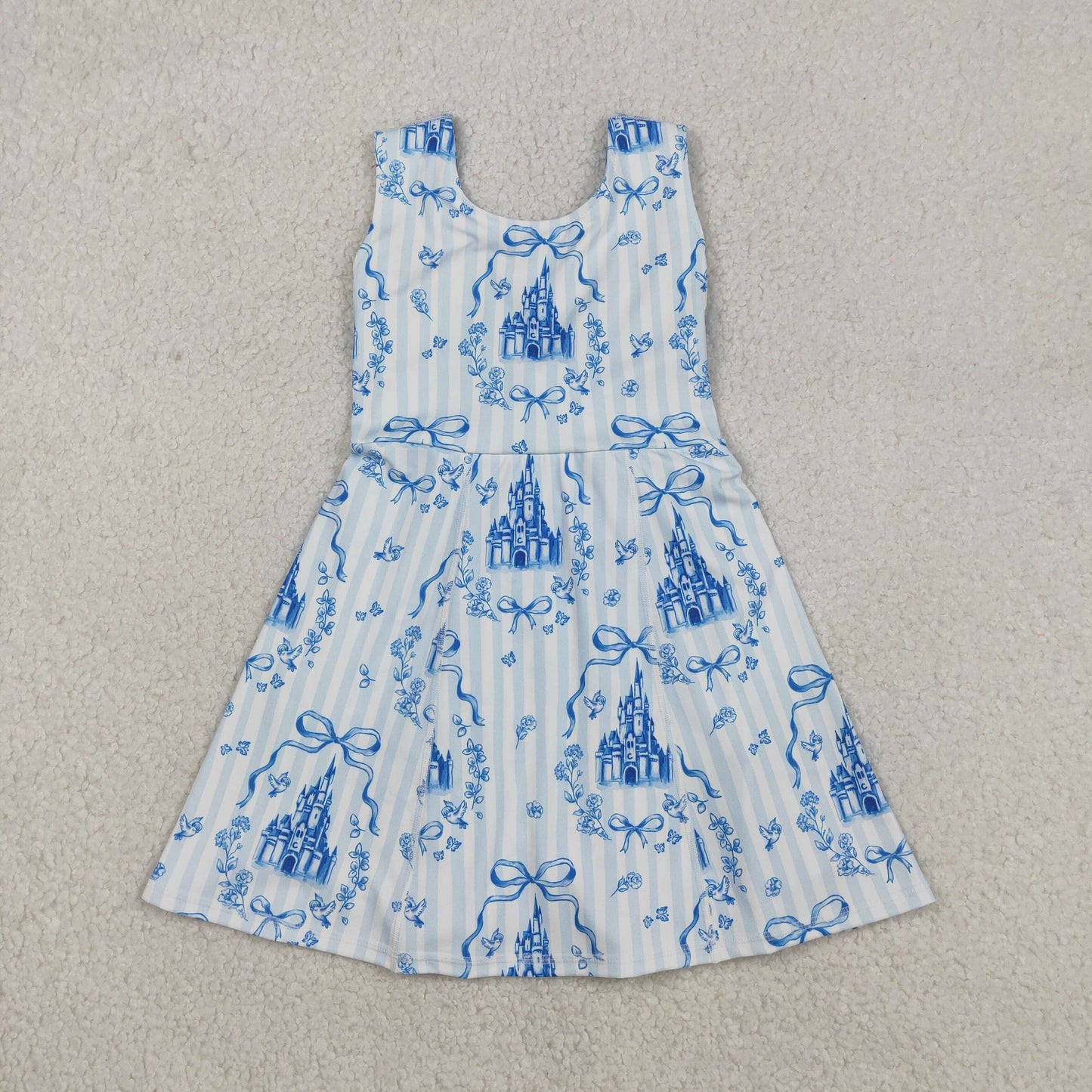 GSD3068 Baby Girls Blue Bows Castles Yoga Active Shorts Knee Length Dresses