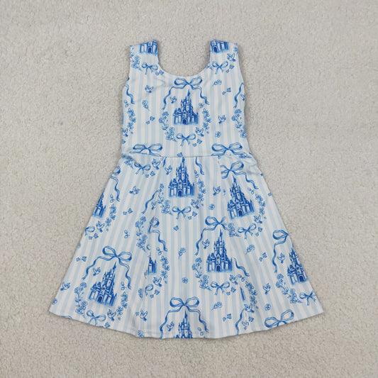 GSD3068 Baby Girls Blue Bows Castles Yoga Active Shorts Knee Length Dresses