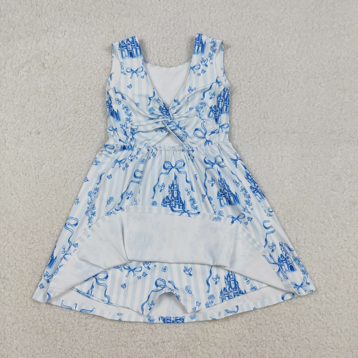 GSD3068 Baby Girls Blue Bows Castles Yoga Active Shorts Knee Length Dresses