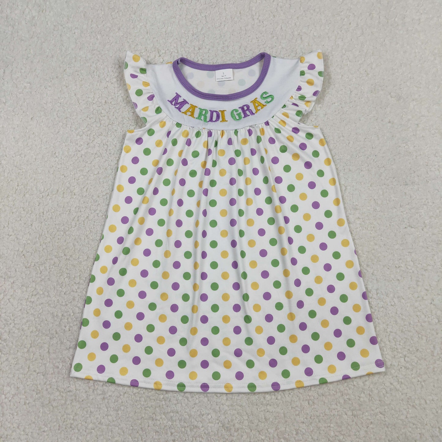 GSD3122 Baby Girls Flutter Sleeve Embroidery Mardigras Polka Dots Knee Length Dresses