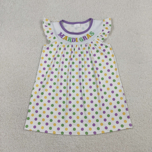 GSD3122 Baby Girls Flutter Sleeve Embroidery Mardigras Polka Dots Knee Length Dresses