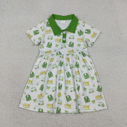GSD3141 Baby Girls Short Sleeve Button Golf Flags Knee Length Dresses