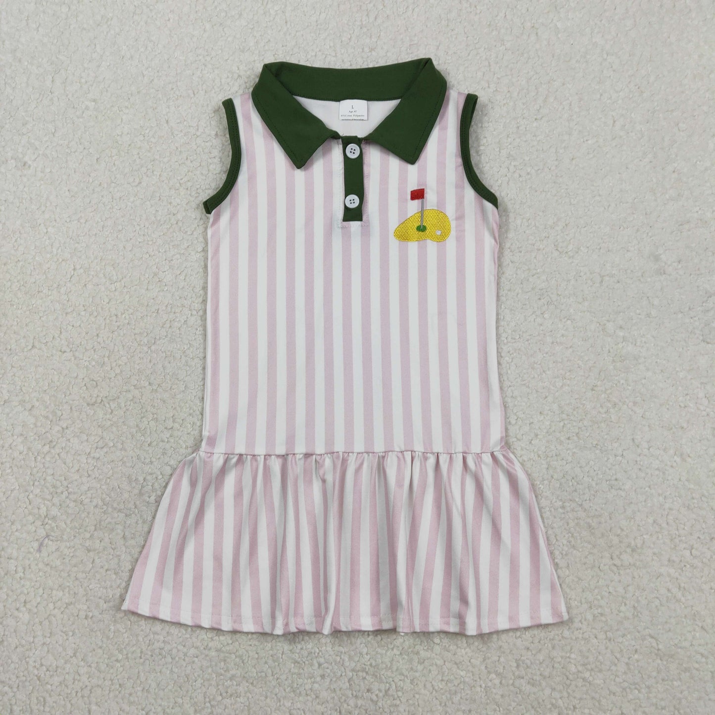 GSD3142 Baby Girls Sleeveless Pink Stripe Embroidery Golf Button Knee Lengt Dresses