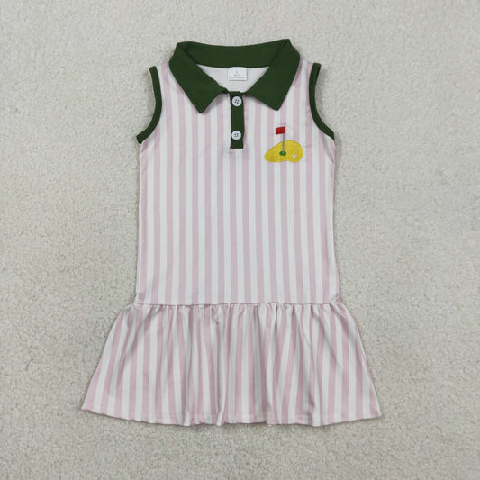 GSD3142 Baby Girls Sleeveless Pink Stripe Embroidery Golf Button Knee Lengt Dresses