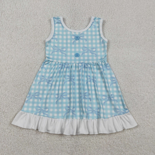 GSD3144 Baby Girls Sleeveless Button Blue Checked Bows Ruffle Knee Length Dresses