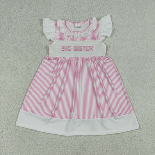 GSD3153 Baby Girls Flutter Sleeve Smocked Big Sister Pink Stripe Knee Length Dresses