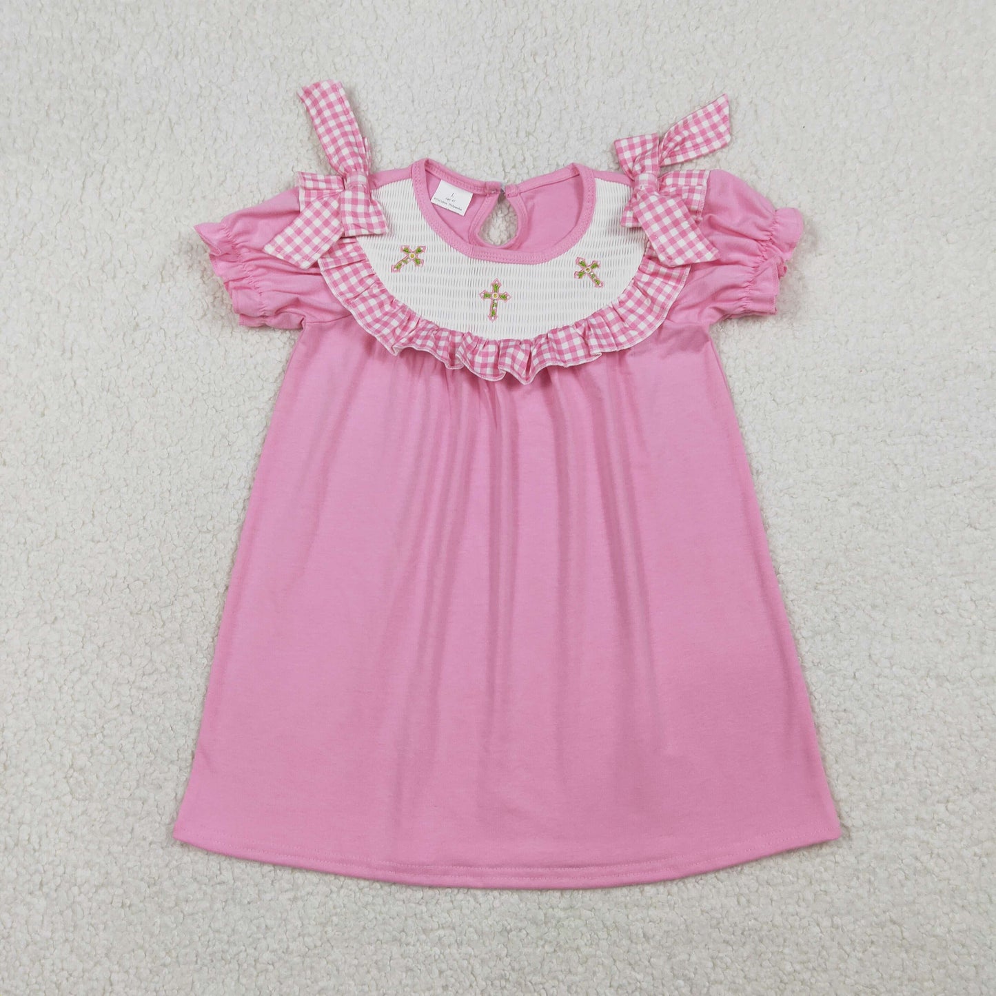 GSD3178 Smocked Crosses Baby Girls Pink Short Ruffle Sleeve Knee Length Dresses