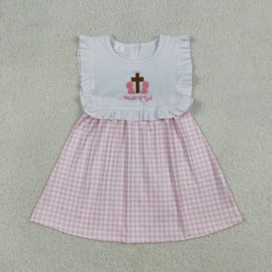 GSD3201 Baby Girls Embroidery Cross Child of God Pink Checked Knee Length Dresses