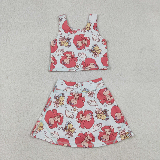 GSD3231 Baby Girls Cartoon Mermaid Fishes Vest Top Skirt Short Yoga Active Clothes Sets