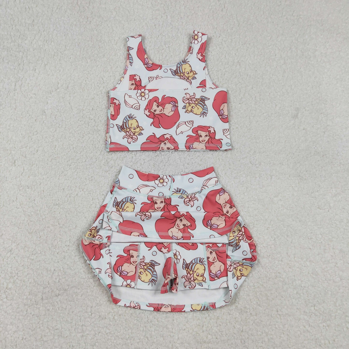 GSD3231 Baby Girls Cartoon Mermaid Fishes Vest Top Skirt Short Yoga Active Clothes Sets