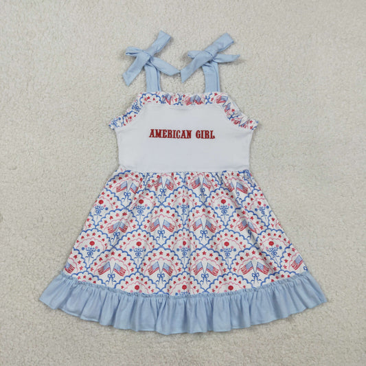 GSD3239 Baby Embroidery America Girl Bows Flags Checked 4th of July Knee Length Dress