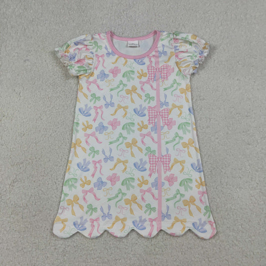 GSD3245 Baby Girls Colorful Bows Button Scallop Knee Legth Dresses