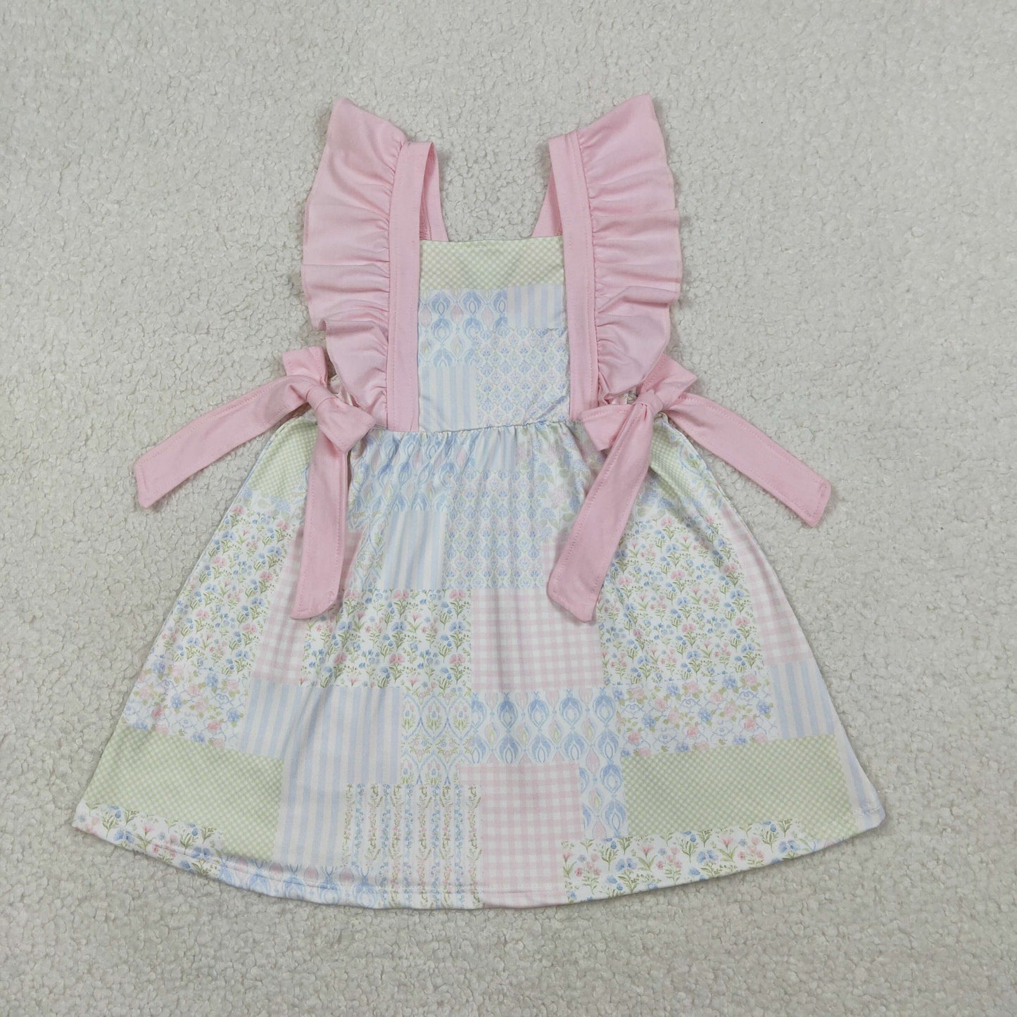 GSD3249 Baby Girls Flutter Sleeve Colorful Flowers Checked Knee Length Dresses