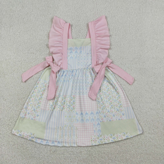 GSD3249 Baby Girls Flutter Sleeve Colorful Flowers Checked Knee Length Dresses
