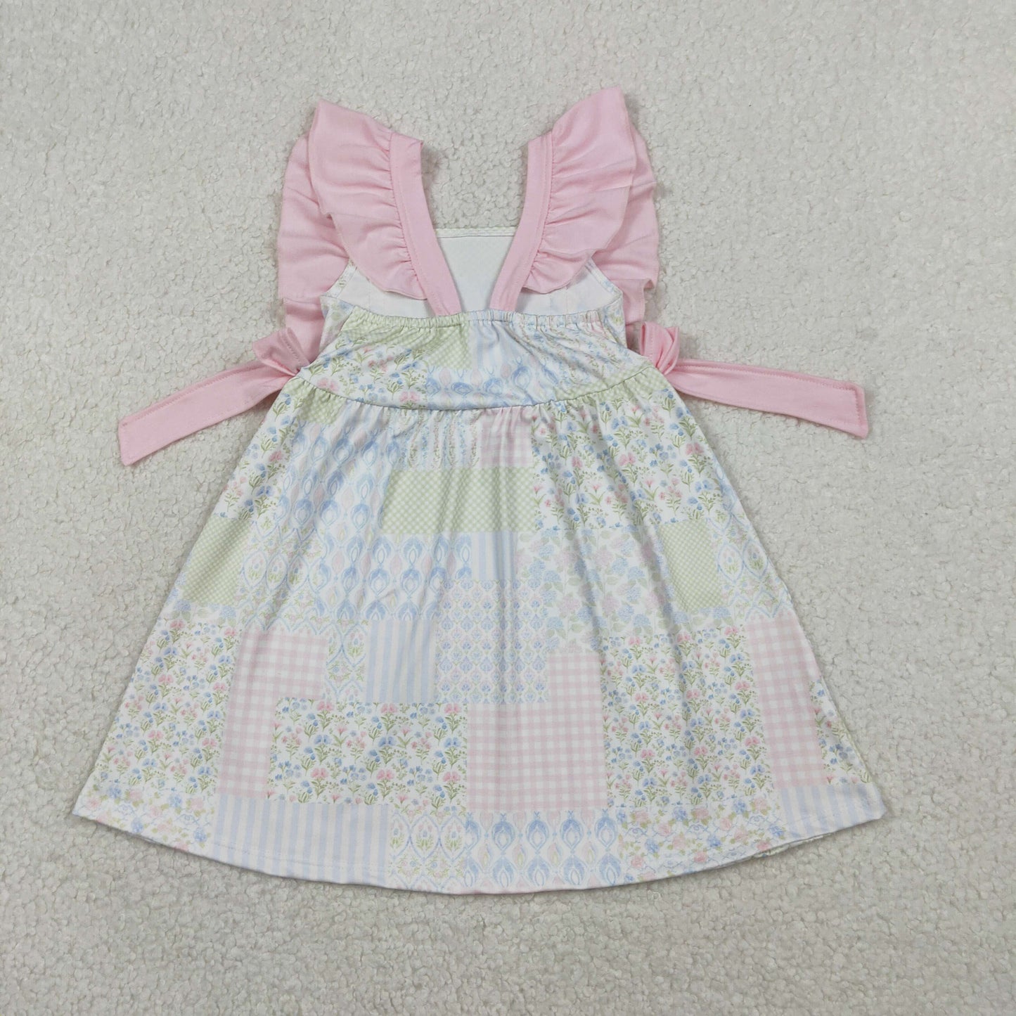 GSD3249 Baby Girls Flutter Sleeve Colorful Flowers Checked Knee Length Dresses