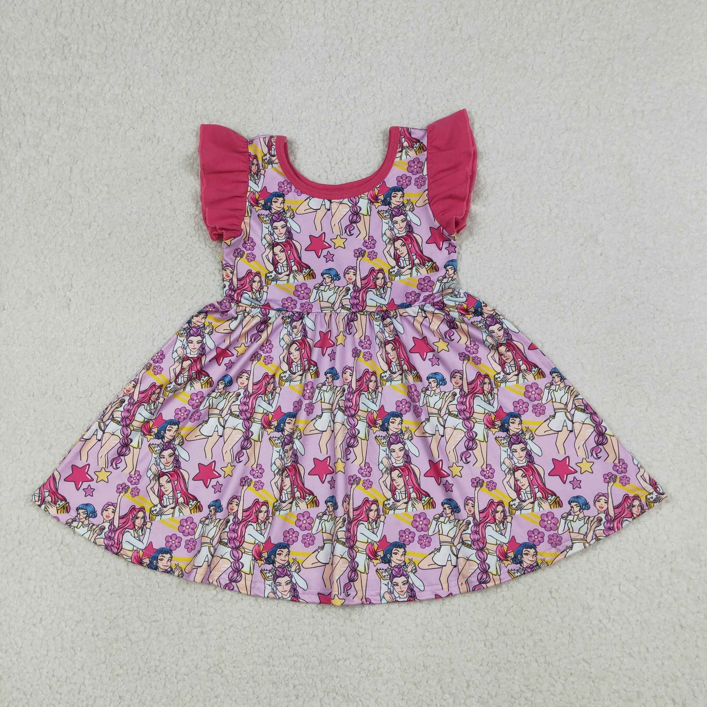 GSD3273 Baby Girls Pink Flutter Sleeve Cartoon Hunter Demon Knee Length Dresses