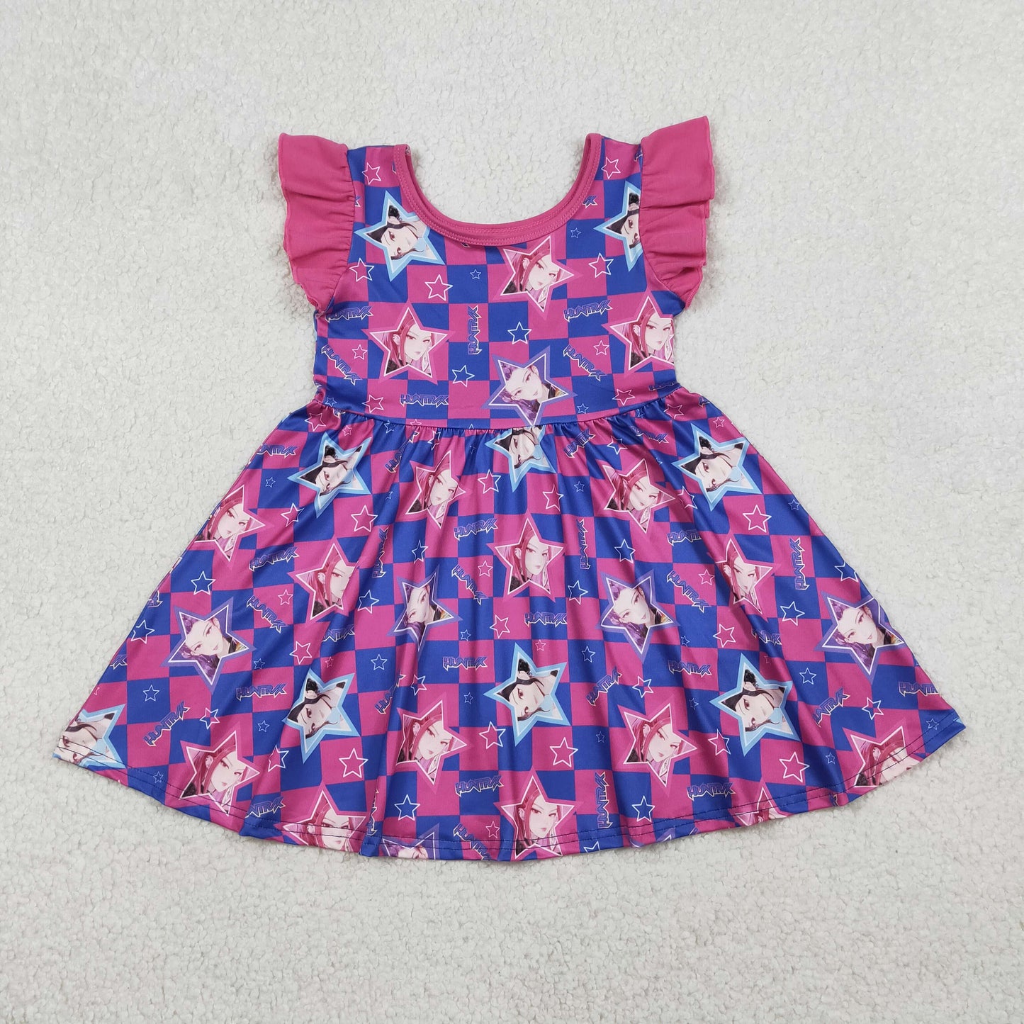 GSD3284 Baby Girls Flutter Sleeve Demon Hunter Stars Checked Knee Length Dresses