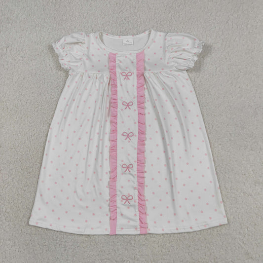 GSD3312 Baby Girls Pink Polka Dots Embroidery Bows Knee Length Dresses