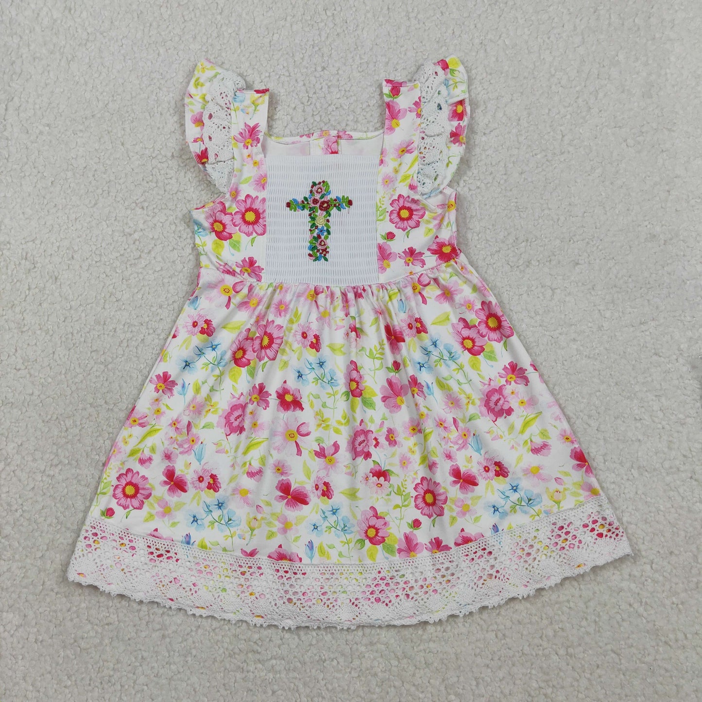 Sibling Baby Girls Smocked Floral Crosses Easter Knee Length Dresses