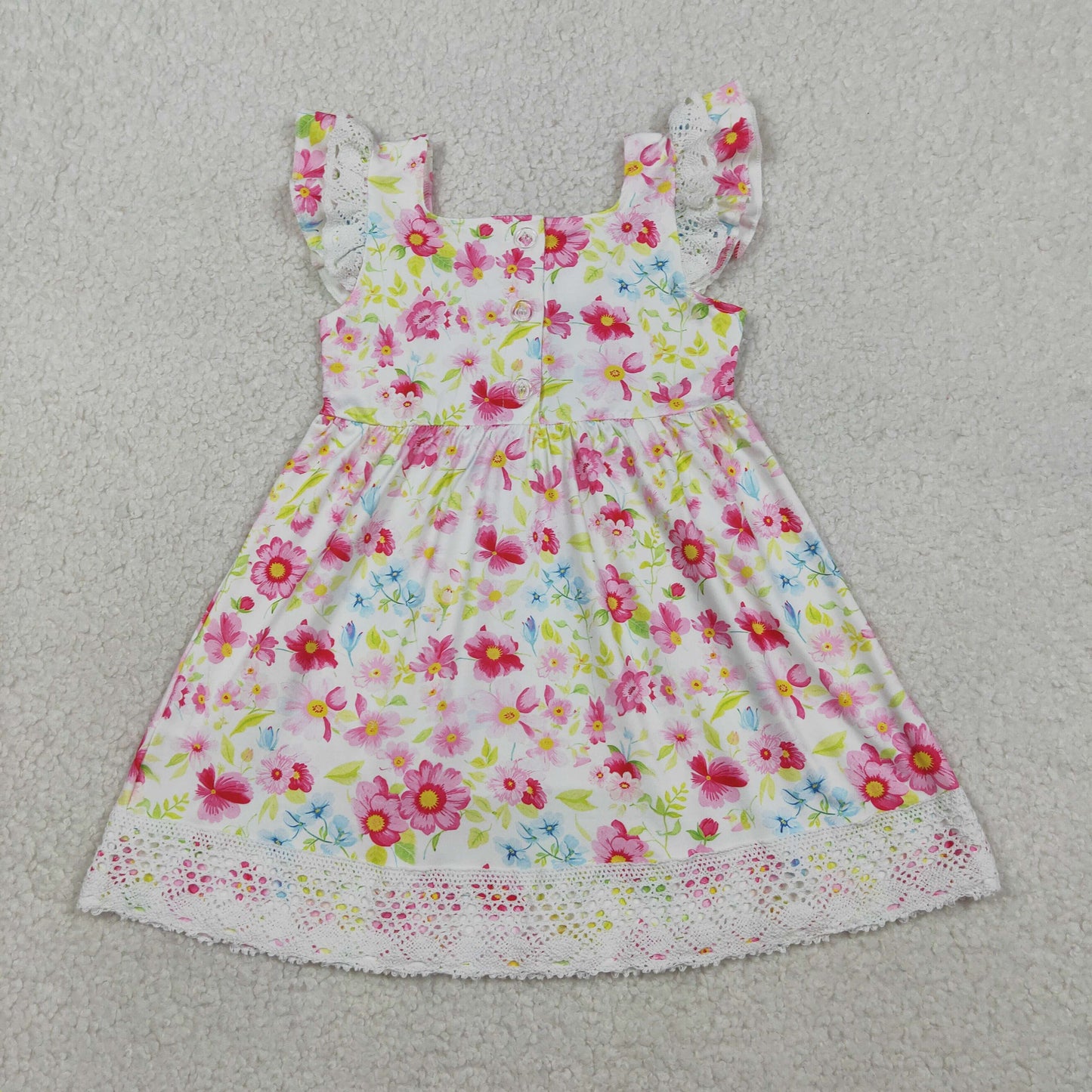 GSD3313 Smocked Floral Cross Lace Flutter Sleeve Easter Knee Length Dresses