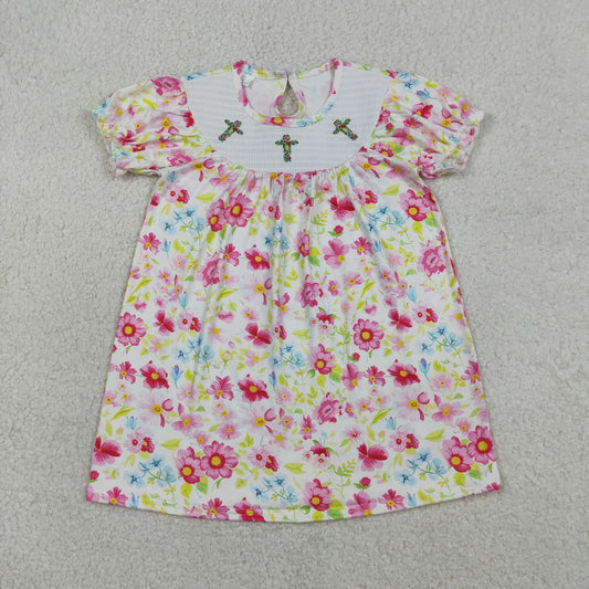 GSD3314 Smocked Floral Crosses Short Ruffle Sleeve Easter Knee Length Dresses