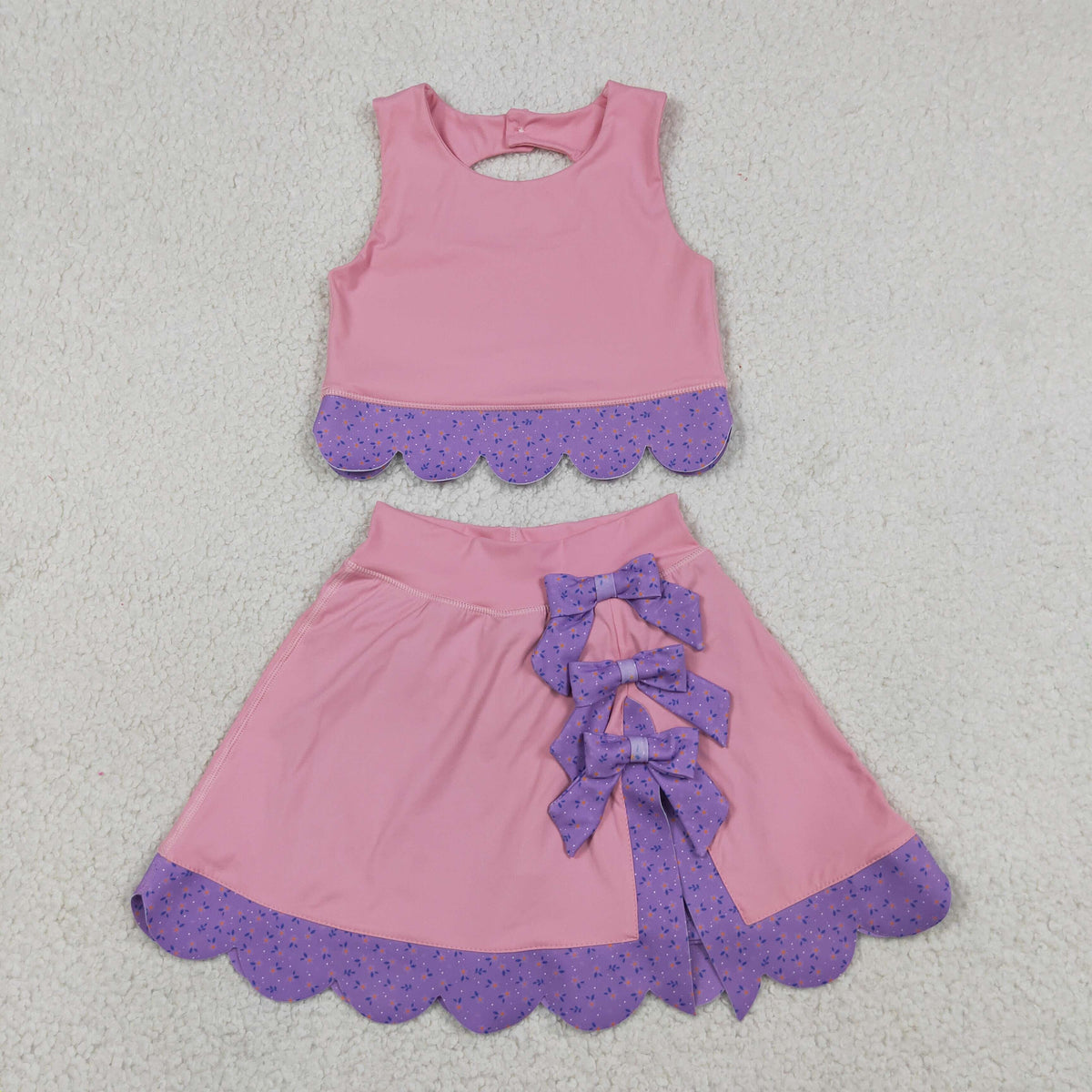 GSD3319 Baby Girls Pink Purple Vests Bows Skirt Short Yoga Active Scallop Clothes Set