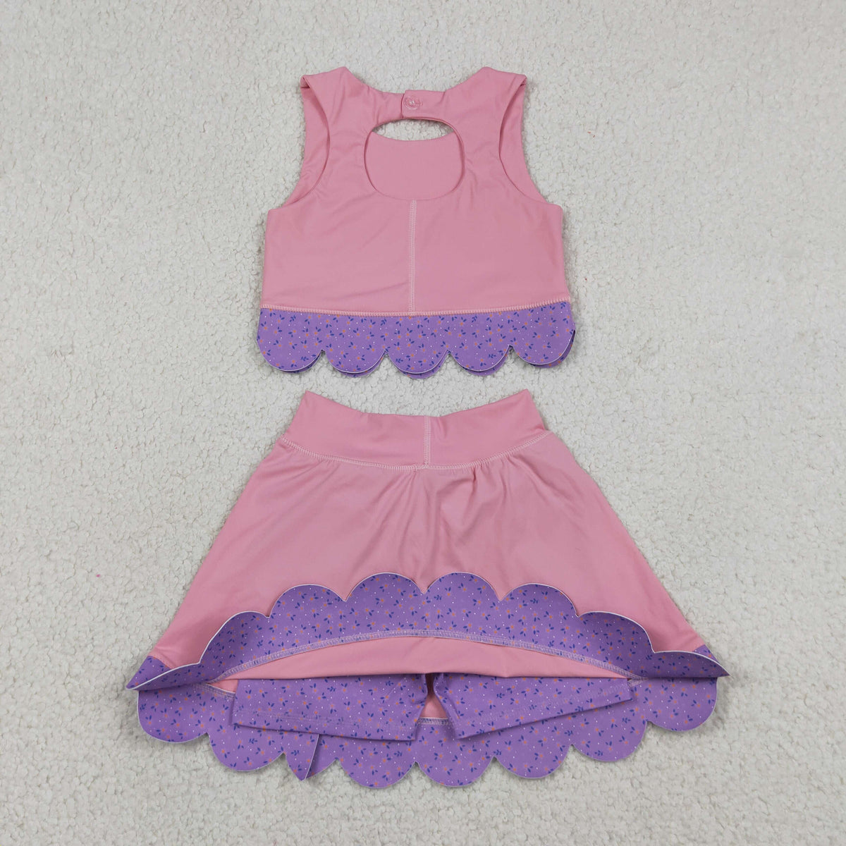 GSD3319 Baby Girls Pink Purple Vests Bows Skirt Short Yoga Active Scallop Clothes Set