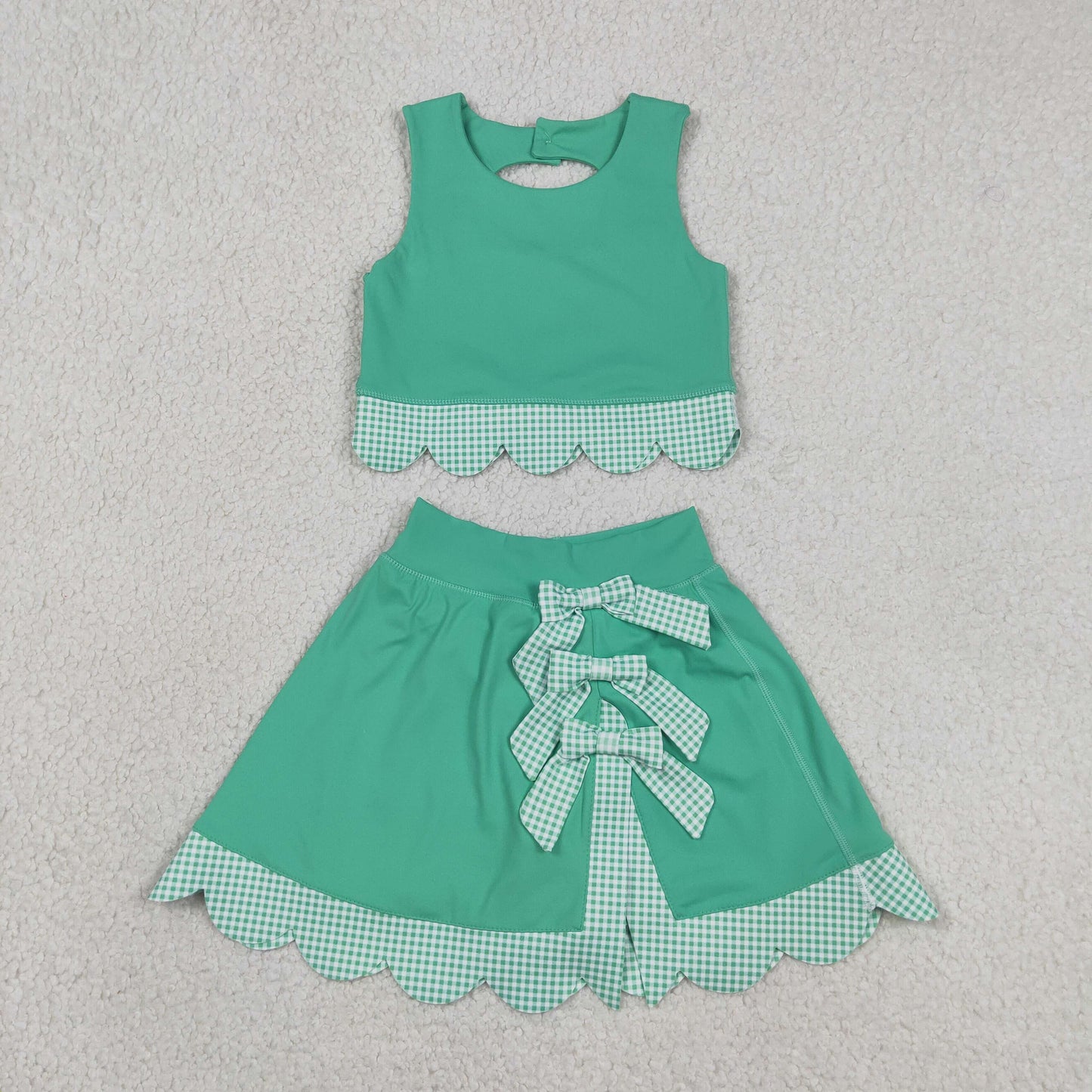 Sibling Baby Girls Green Checked Scallop Yoga Active Skirt Short Dress Clothes Sets