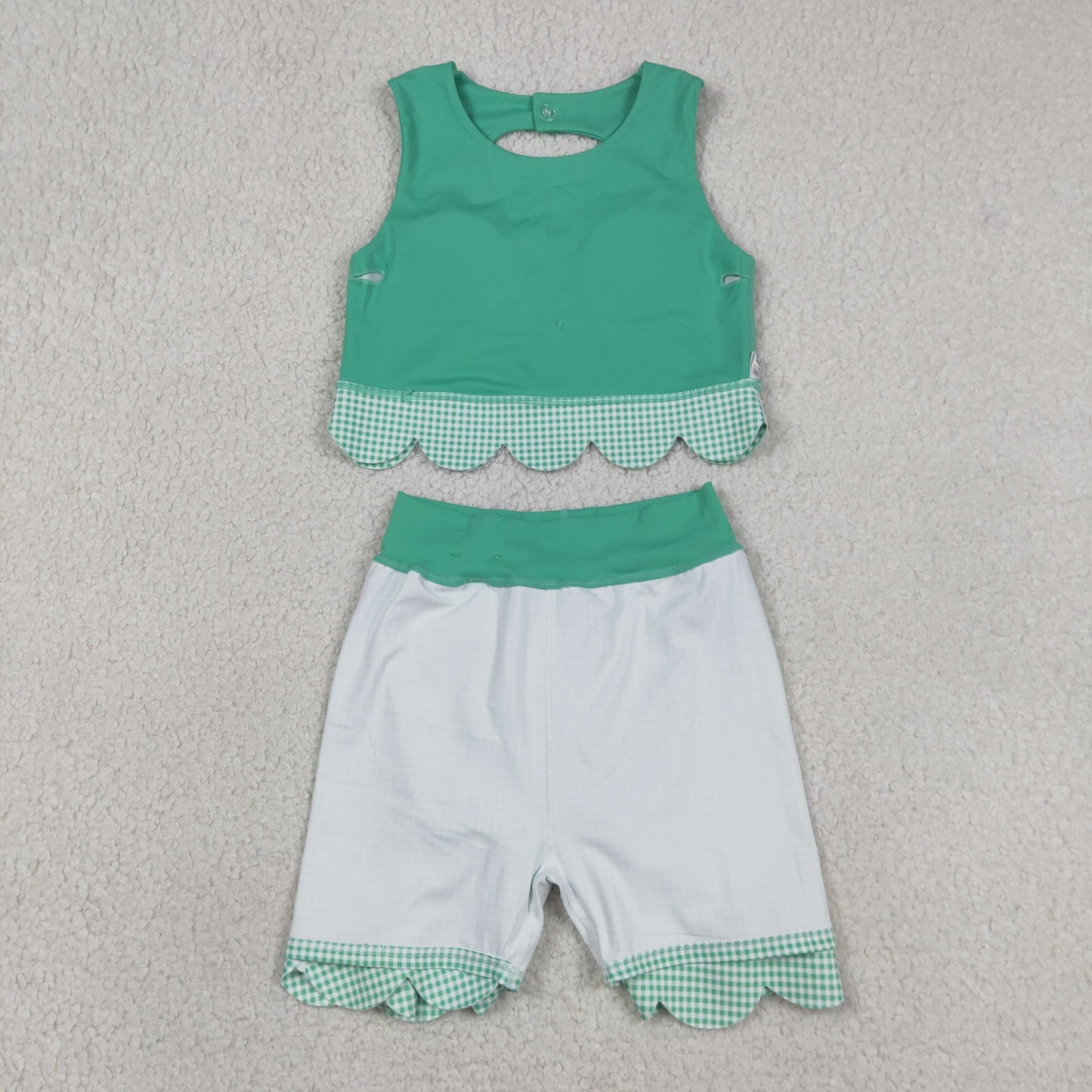 Sibling Baby Girls Green Checked Scallop Yoga Active Skirt Short Dress Clothes Sets