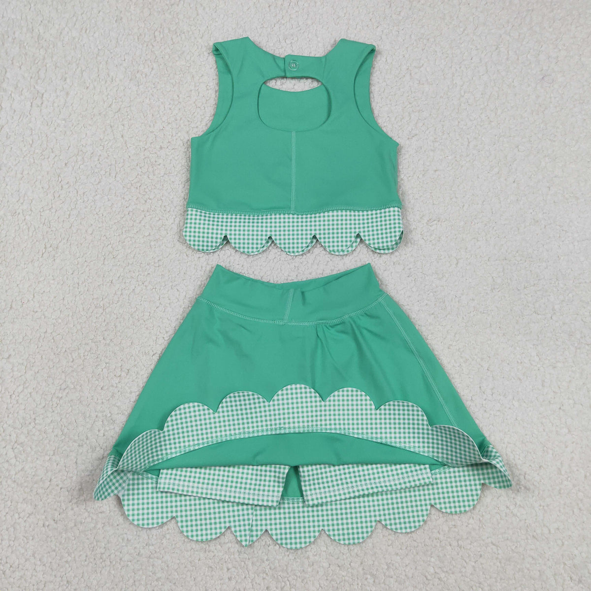 GSD3320 Baby Girls Green Vests Bows Skirt Short Yoga Active Scallop Clothes Set