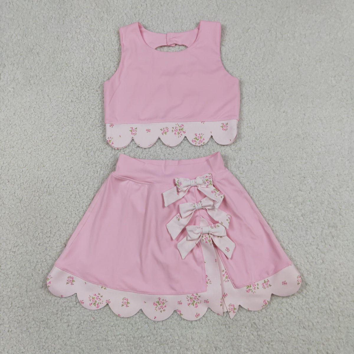 GSD3321 Baby Girls Pink Vests Bows Skirt Short Yoga Active Scallop Clothes Set