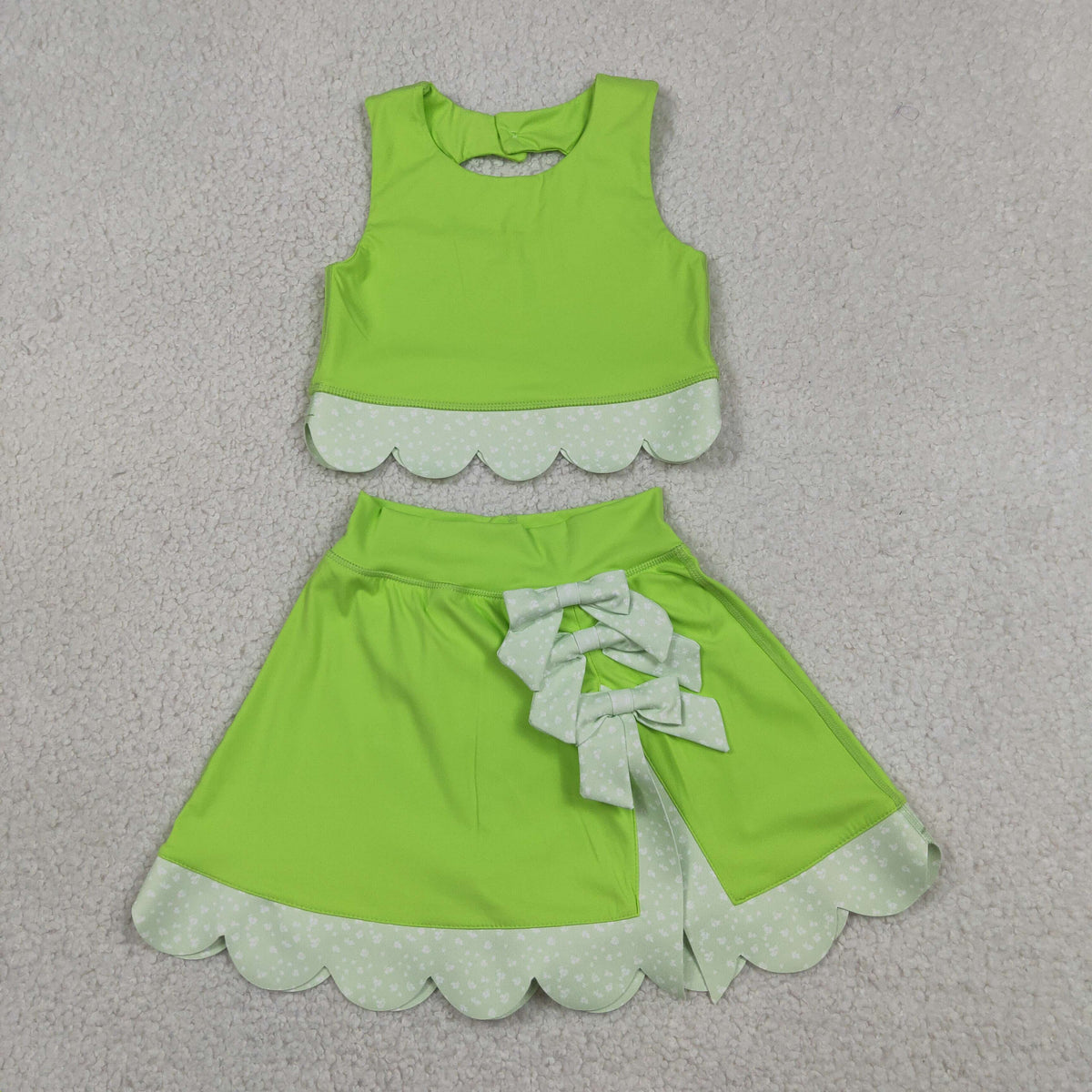 GSD3322 Baby Girls Green Vests Bows Skirt Short Yoga Active Scallop Clothes Set