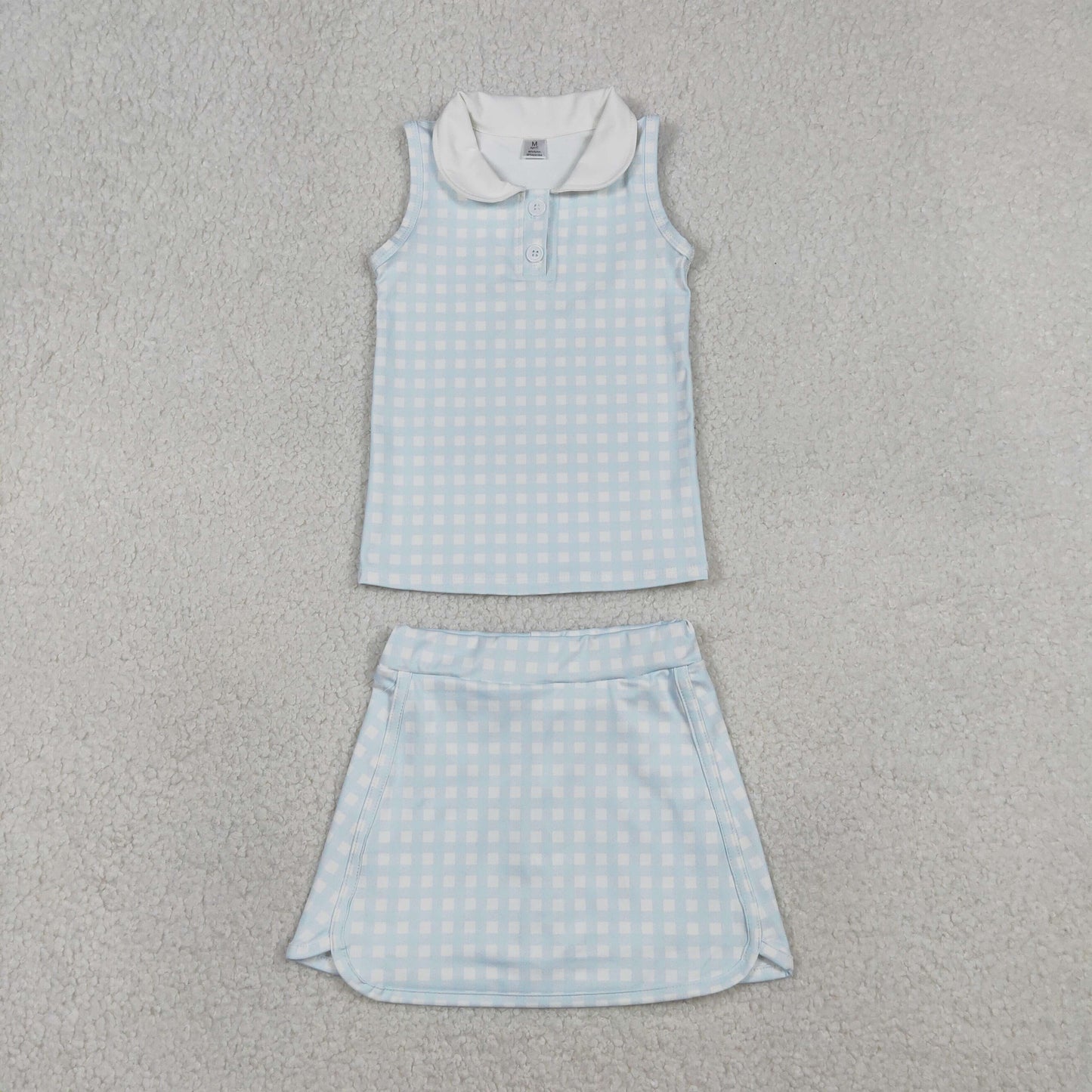 GSD3375 Baby Girls Light Blue Checked Button Vests Skirt Short Yoga Active Clothes Sets