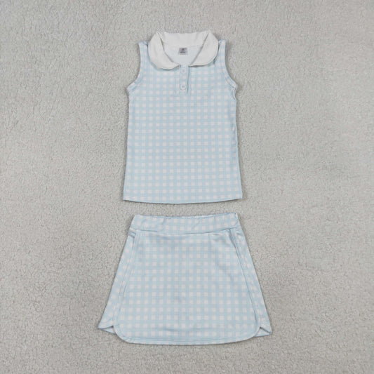 GSD3375 Baby Girls Light Blue Checked Button Vests Skirt Short Yoga Active Clothes Sets
