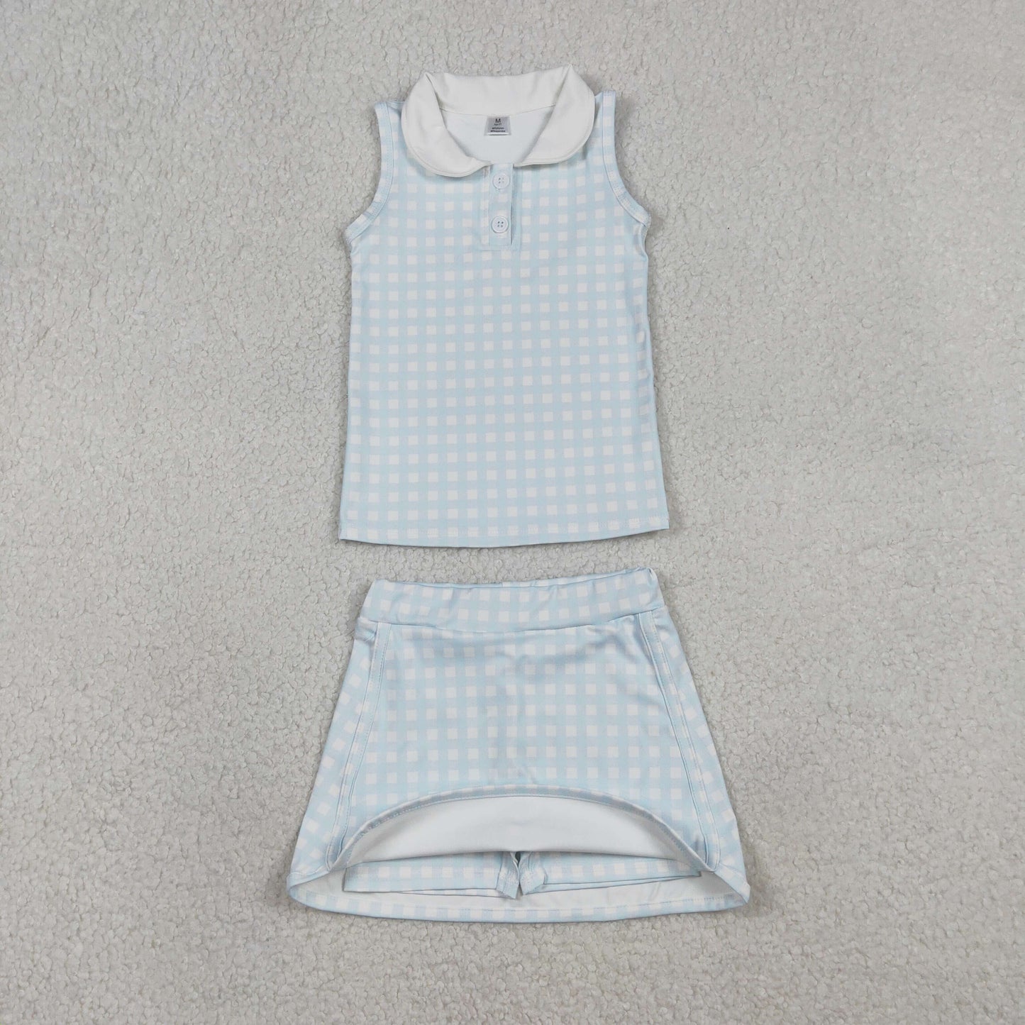 GSD3375 Baby Girls Light Blue Checked Button Vests Skirt Short Yoga Active Clothes Sets